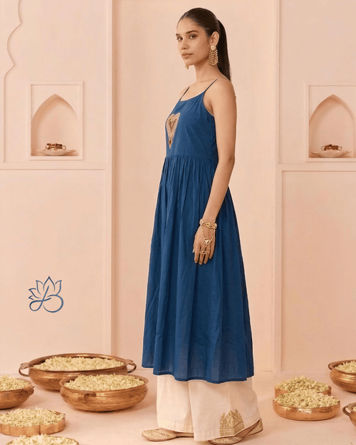 Blue Embroidered Spaghetti Strap Kurta