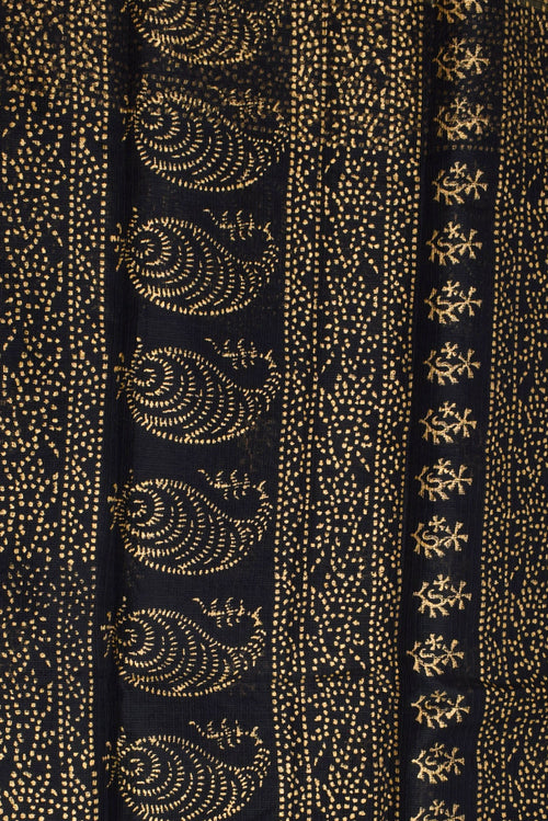 Black Fully Golden Print Zari Border KotaDoria Cotton Saree With Blouse