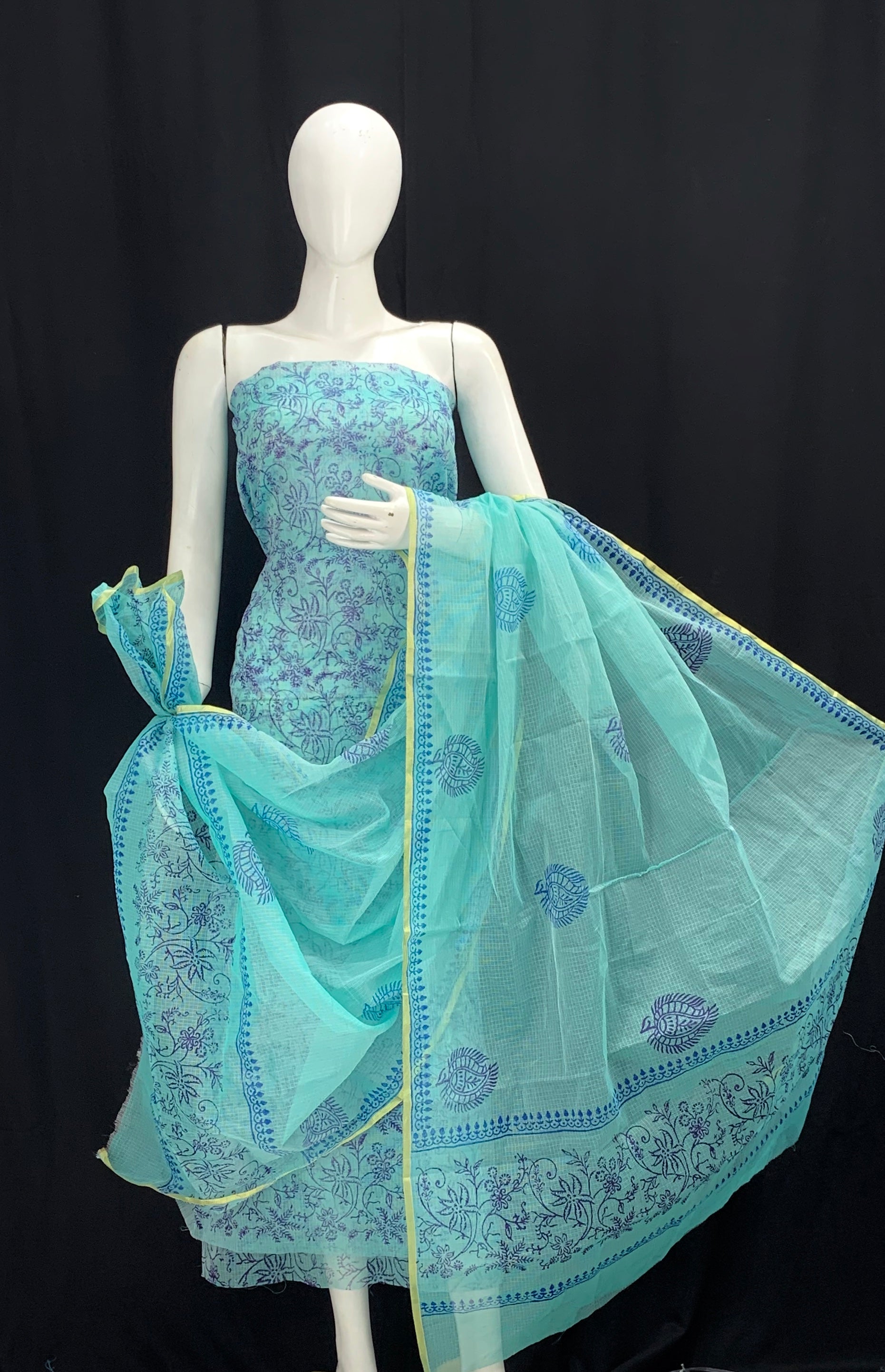 BLUE BASE RAJASTHANI HANDBLOCK PRINTED COTTON KOTA DORIA UN-STITCHED SUIT WITH DUPATTA