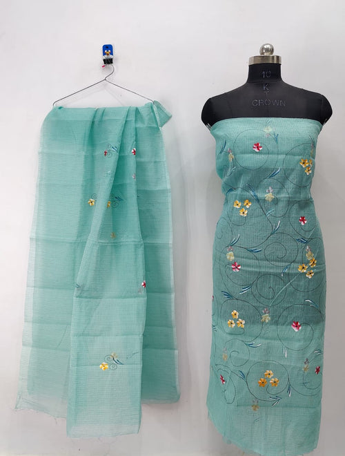 Decent Blue Flowery Brush Paint Kotadoria Un-Stitched Suit With Dupatta