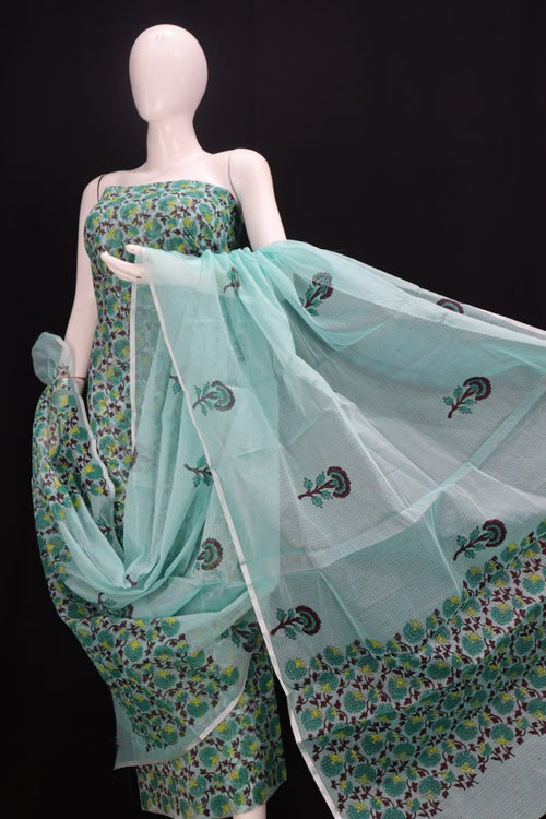 DESIGNER Green Pastel FLOWER HAND BLOCK PRINT KOTA DORIA SUIT