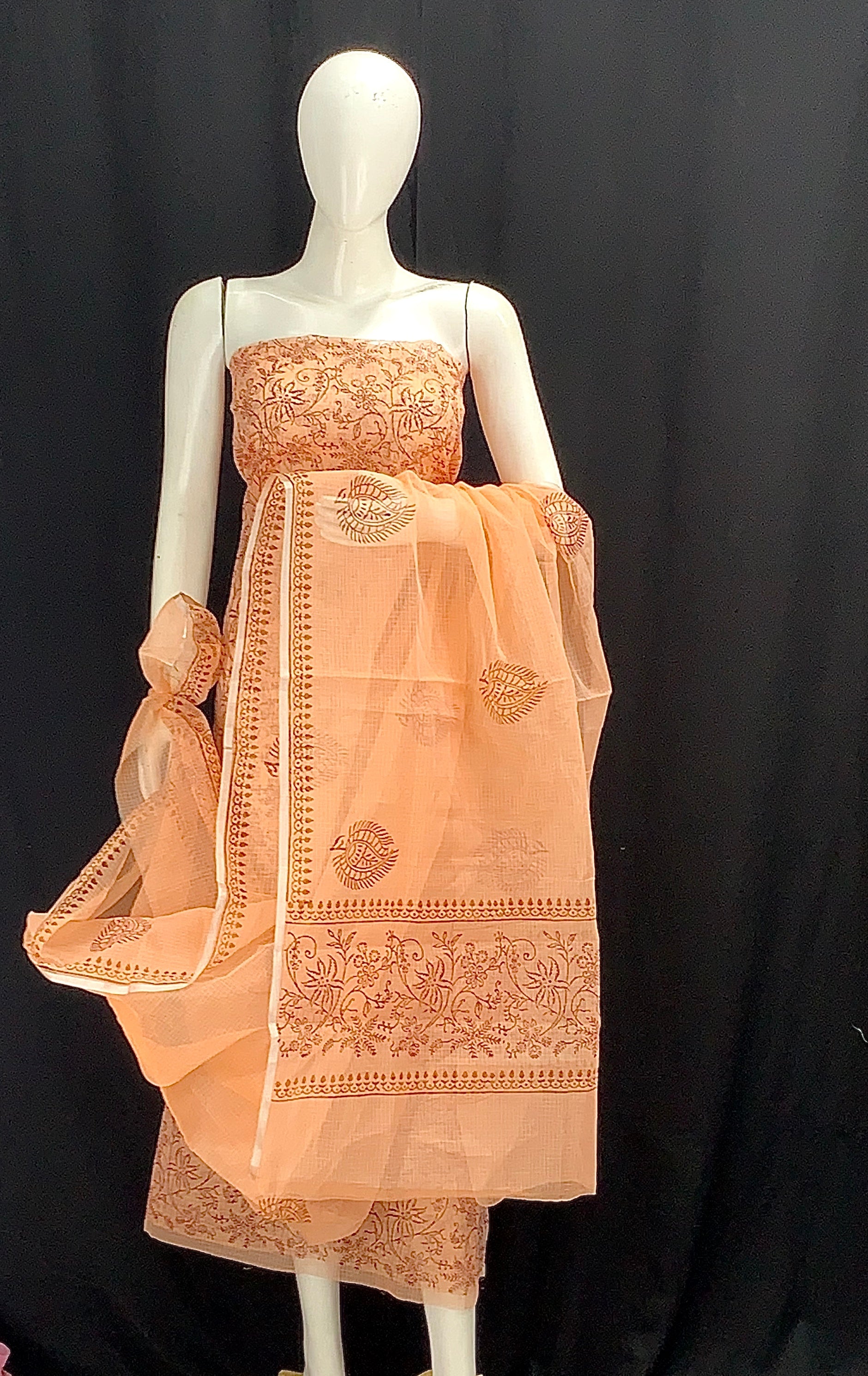 Orange Floral Designer Handblock Printed Cotton Kota Doria un-stitched Suit With Dupatta
