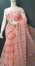 Peach Kota Doria Saree in Embroidery Work