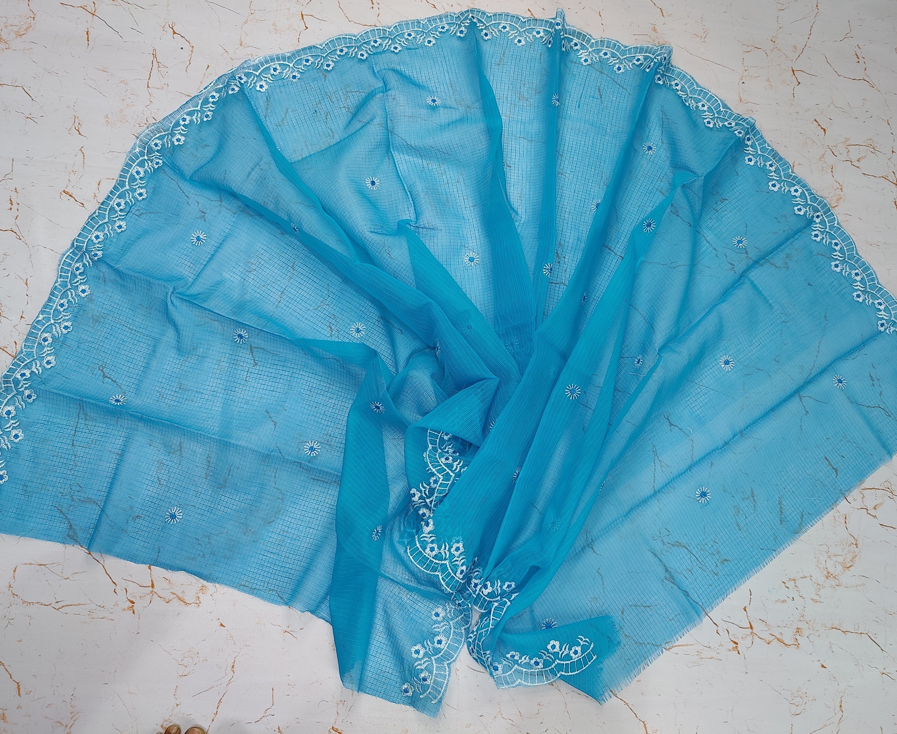 Sky Blue Base White Thread Kota Doria Embroidery Dupatta