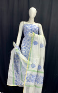 White Base with Blue Floral Designer Handblock Printed Cotton Kota Doria un-stitched Suit With Dupatta