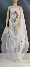 White Fabric Floral Cotton Kotadoria Embroidery Dress Material